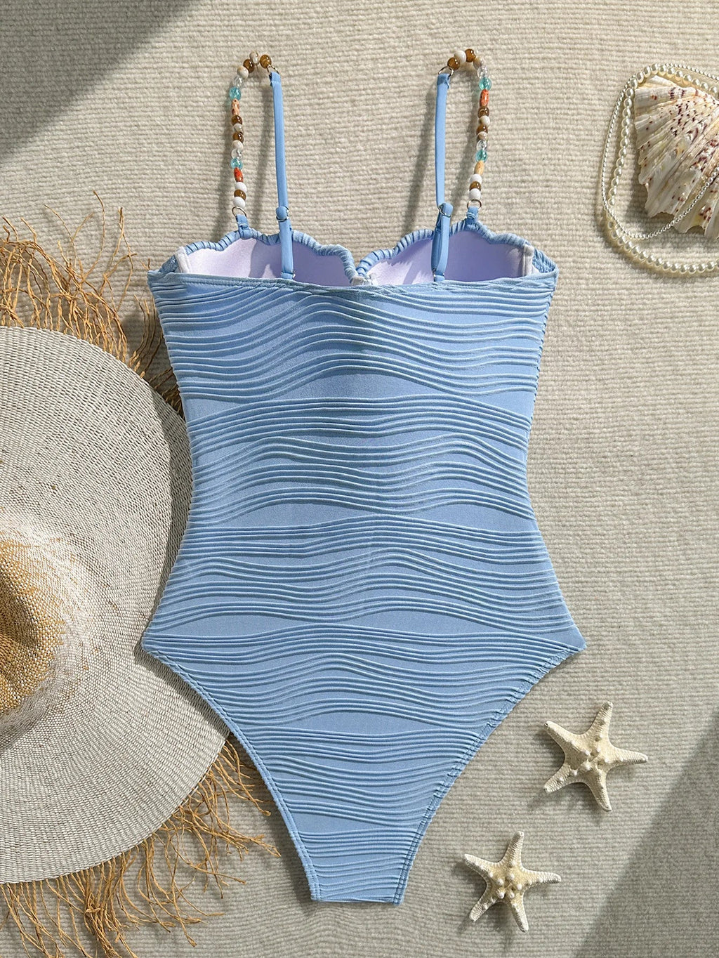 Vintage Beige Ribbed One Piece Swimsuit 2026 Women Beading Strap Underwire Tummy Control Swimwear Beach Holiday Bathing Suits