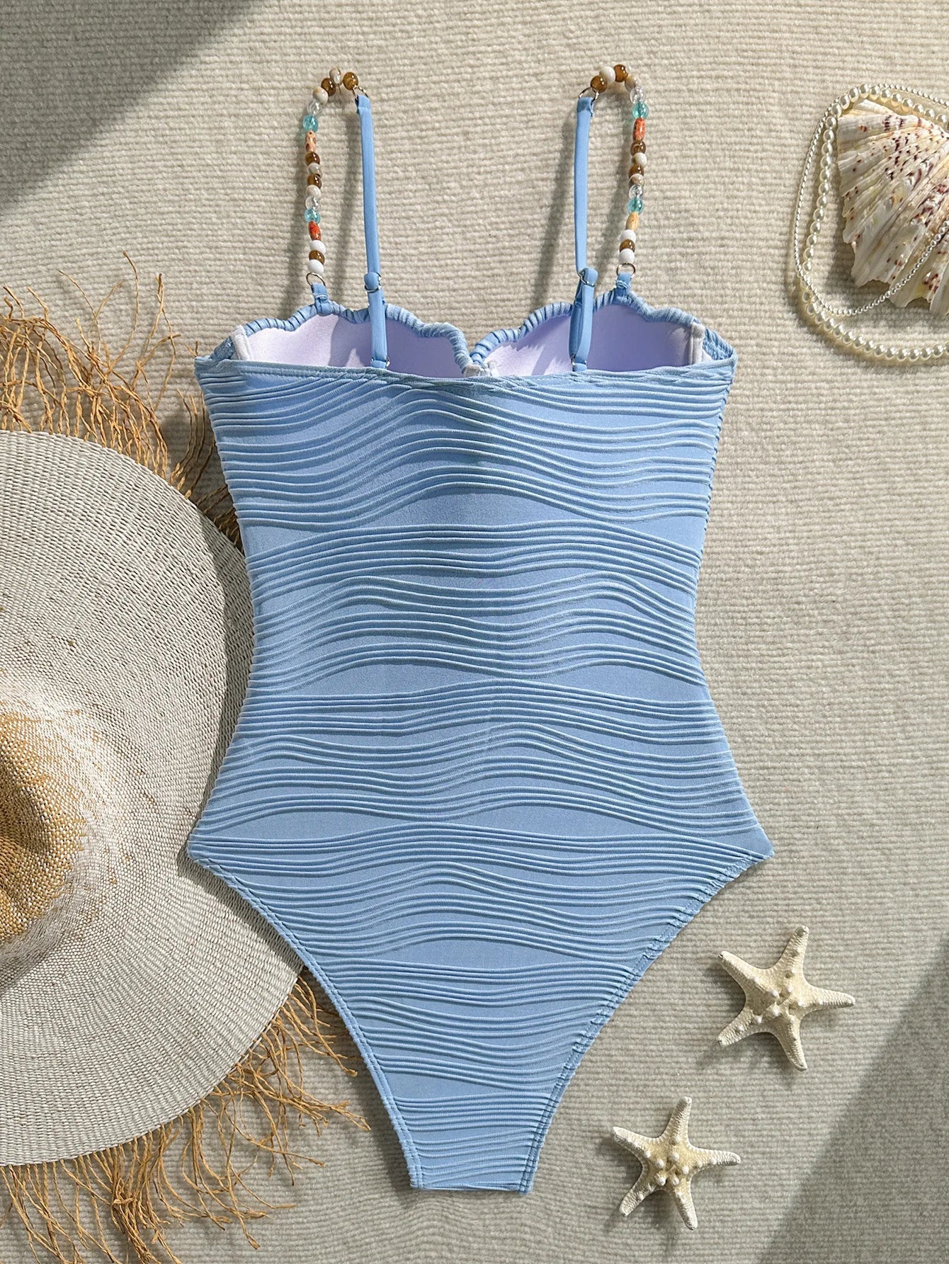 Vintage Beige Ribbed One Piece Swimsuit 2026 Women Beading Strap Underwire Tummy Control Swimwear Beach Holiday Bathing Suits