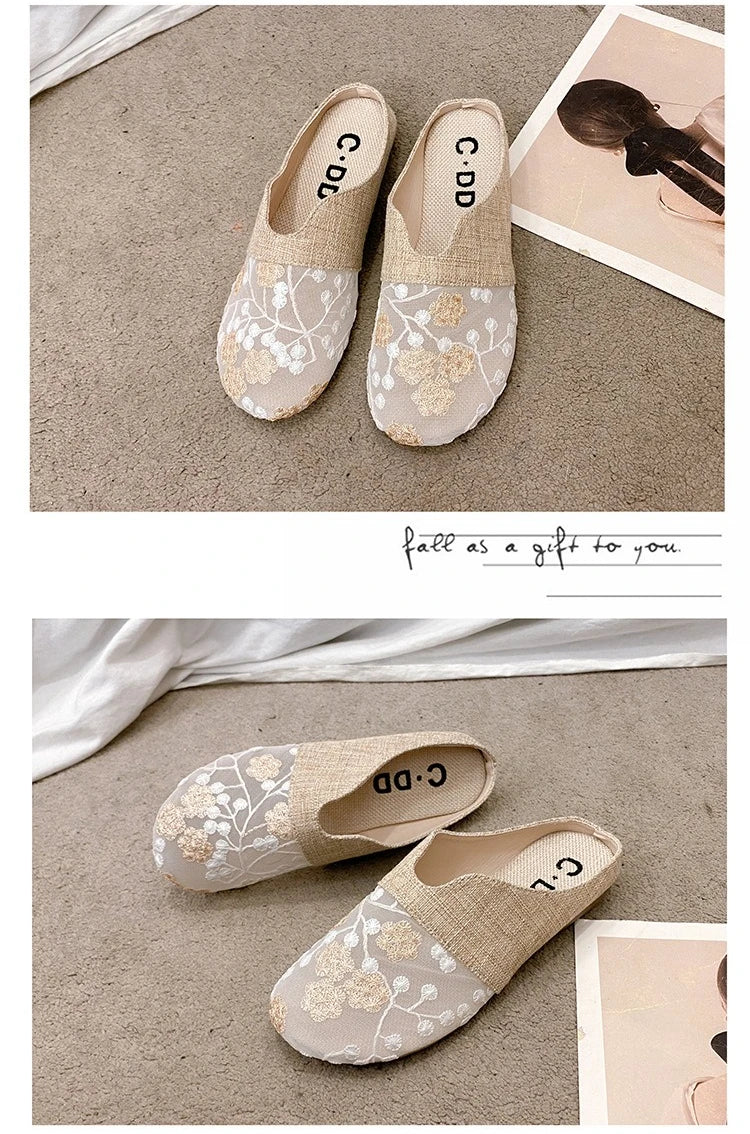 Breathable Mesh Linen Slippers For Women Summer Flat Shoes Anti-slip Female Indoor Outdoor Slides Office Lady Walking Sandals