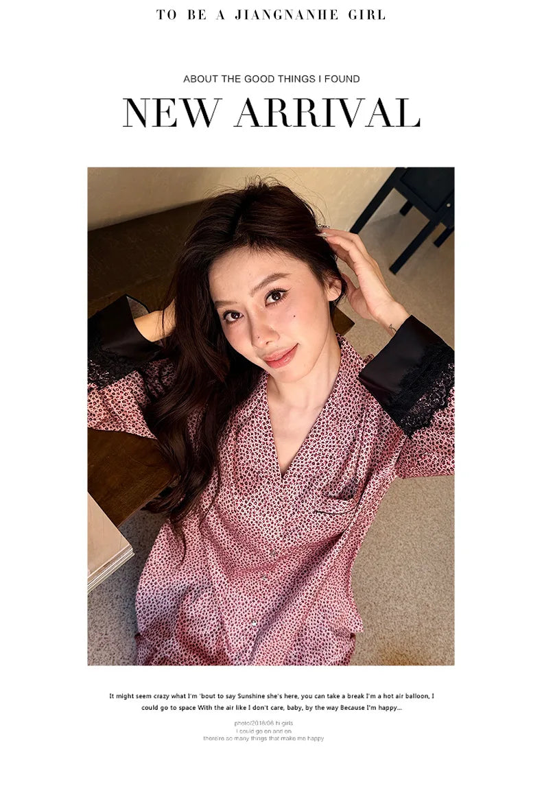 2026 Pajamas for Women Ice Silk Sexy Lace Small Leopard Print Long Sleeve Home Clothes Pajamas Set Can Be Weared Outside