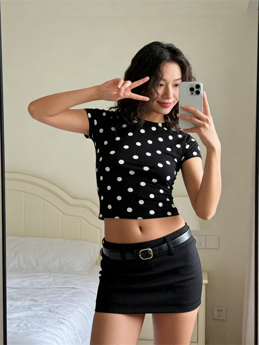 Summer Women's Cropped Tee Top Short Sleeve Round Neck Dot Pattern Slim Fitted T Shirt Streetwear