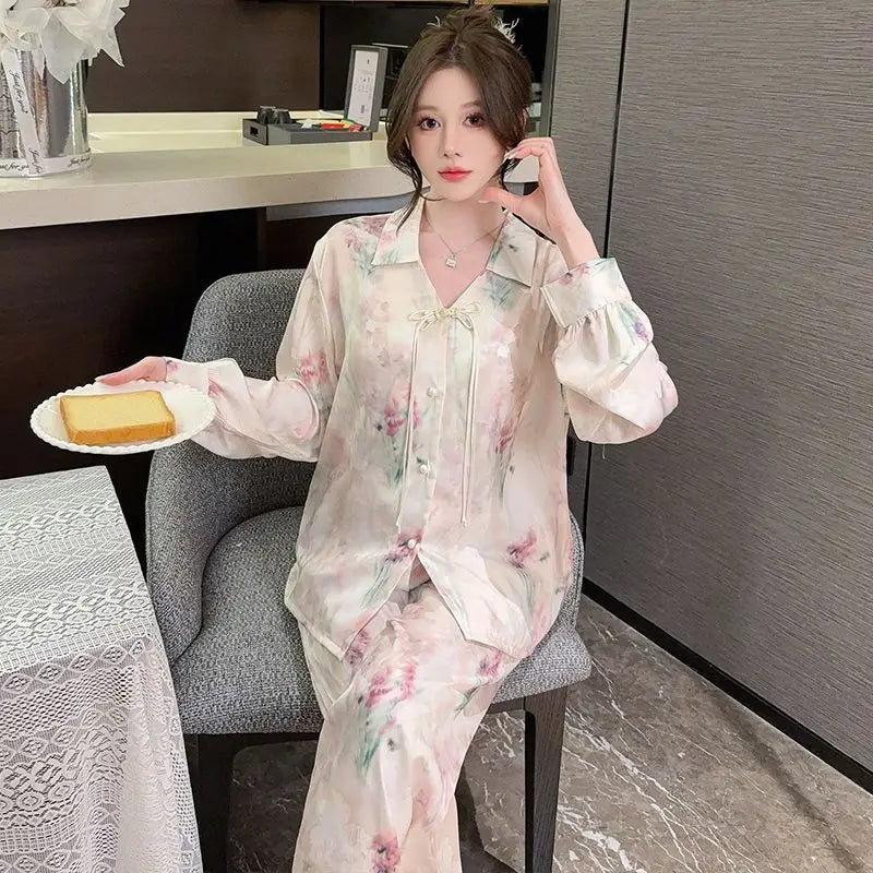 Spring and summer new Chinese style pajamas, ice silk long sleeves, large size home clothes set, retro buckle home clothes