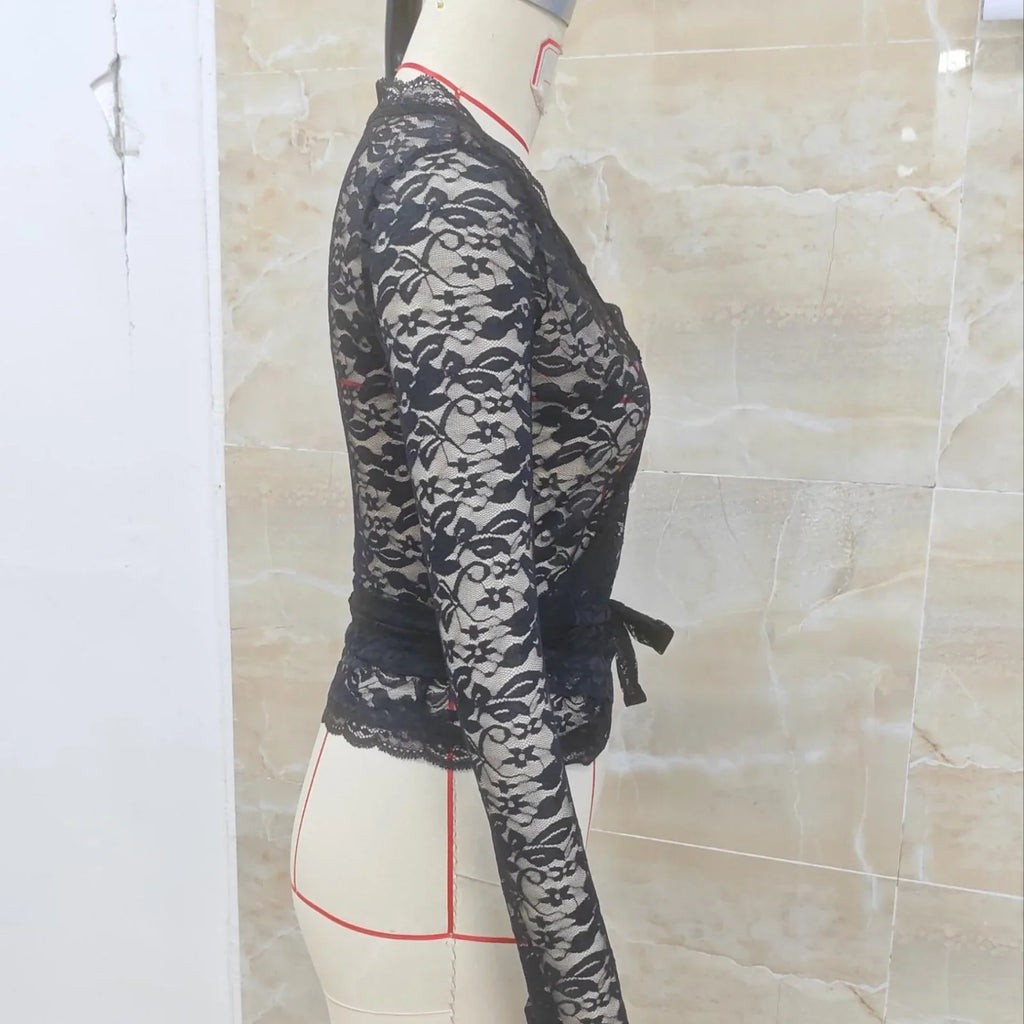 Spring Summer Deep V Neck Bandage Sexy See Through Tops Women Long Sleeve Slim Fit Sheer Lace T-shirts for Party