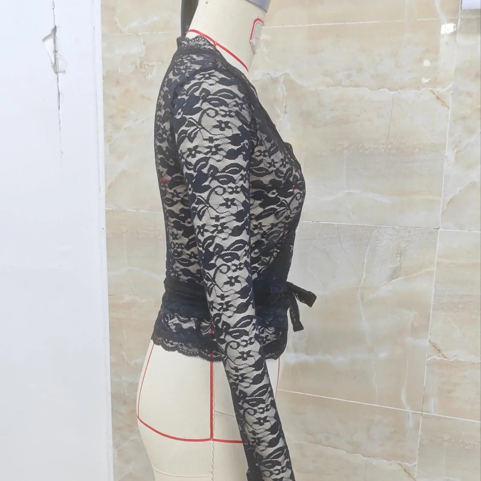 Spring Summer Deep V Neck Bandage Sexy See Through Tops Women Long Sleeve Slim Fit Sheer Lace T-shirts for Party