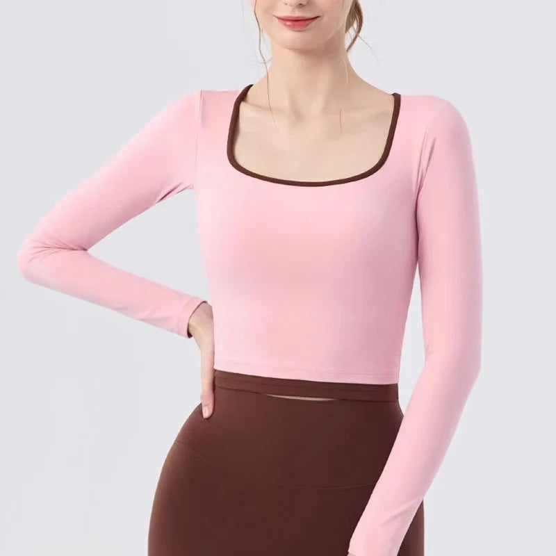 Autumn New Contrasting Yoga Suit for Women with Chest Pad Top Slim and Slim Pilates Running Sports Fitness Long Sleeves Shirts