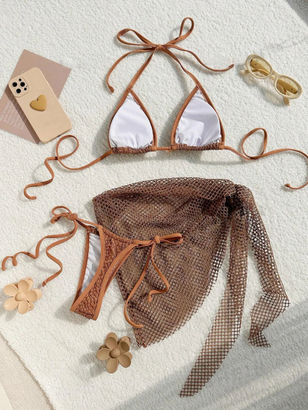 Women mesh micro mini string bikini sets 3pcs with cover skirt shell pendant swimsuit bathing suit beach outfits biquini tankini