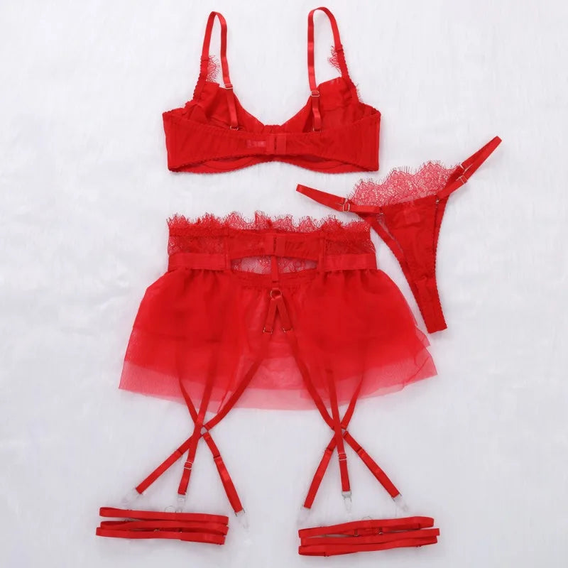 Toucheart 4 Piece Set Sexy Lingerie Set Lace Perspective Bra Women Mesh Patchwork Ruffled Skirt Garter Socks Sexy Underwear Suit