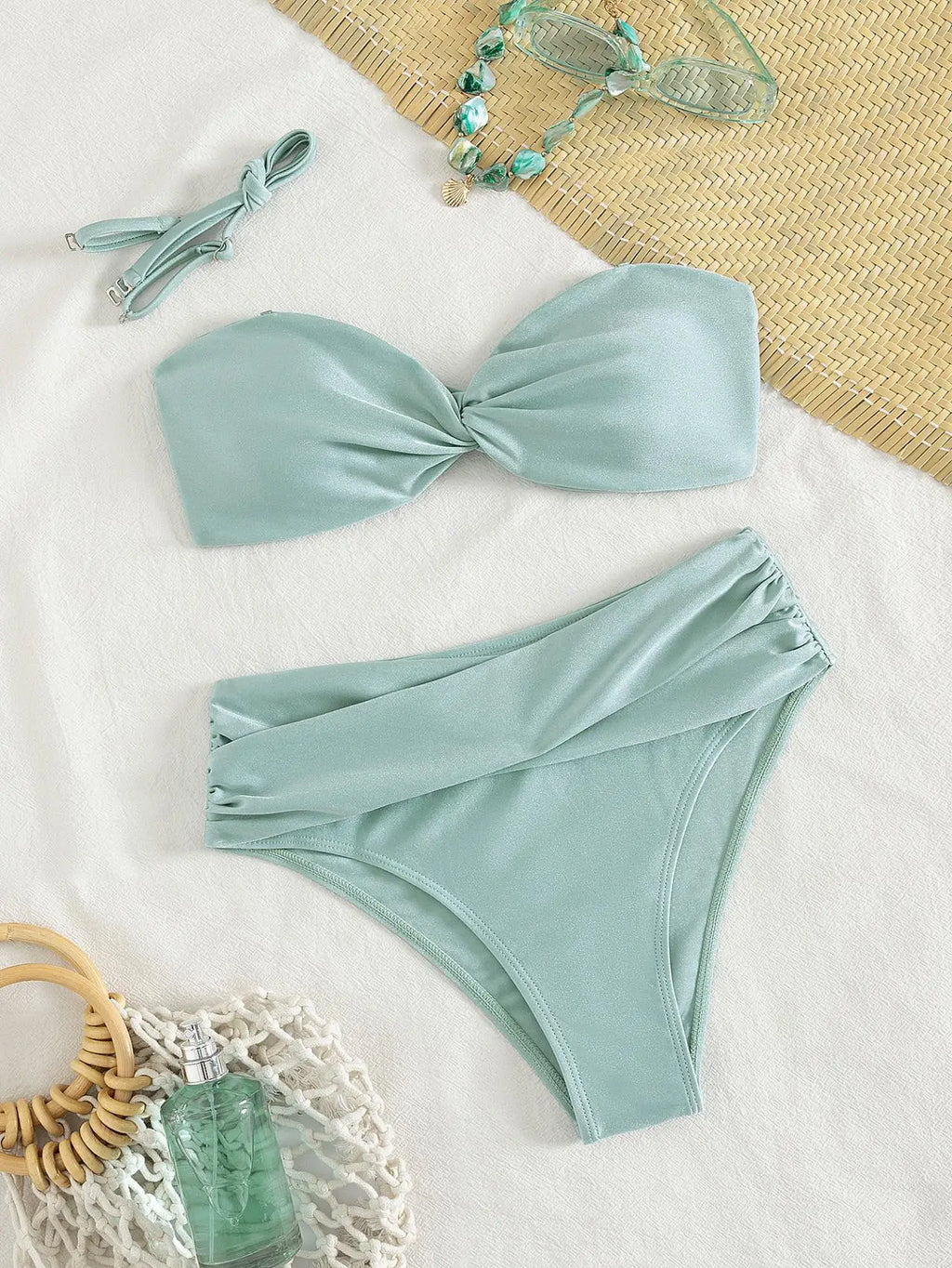 Sexy Tie Cross Push Up Padded Bikini Set 2026 Women Bandeau Pleate High Waist Swimsuit Summer Bathing Suit Two Piece Swimwear