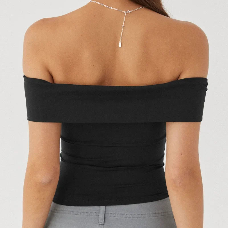 Elegant Women's Crop Top Solid Color Slash neck Top Lady Y2K Streetwear Fashionable Slim Fit Tee Summer Outfit Women's Clothes