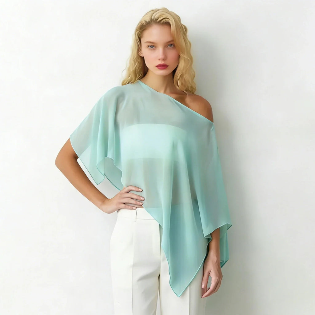 Women Loose Boat Neck Irregular Coverup Tops Casual See Through Shrug Solid Color Sheer Mesh Poncho