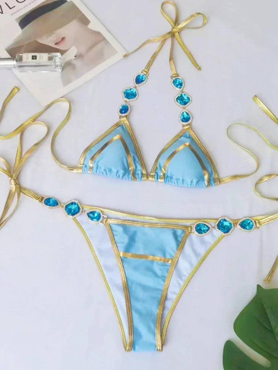 Halter Crystal Rhinestone Diamond Bikini 2025 Female Swimsuit Women Swimwear Two-pieces Bikini Set High Cut Bathing Suit Swim
