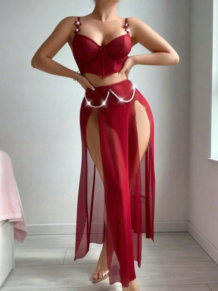 Women Sexy Lingerie Dress for Bow Knot Patchwork Mesh See-through Bra and Skirt Panties Set Underwear Erotic Lingerie
