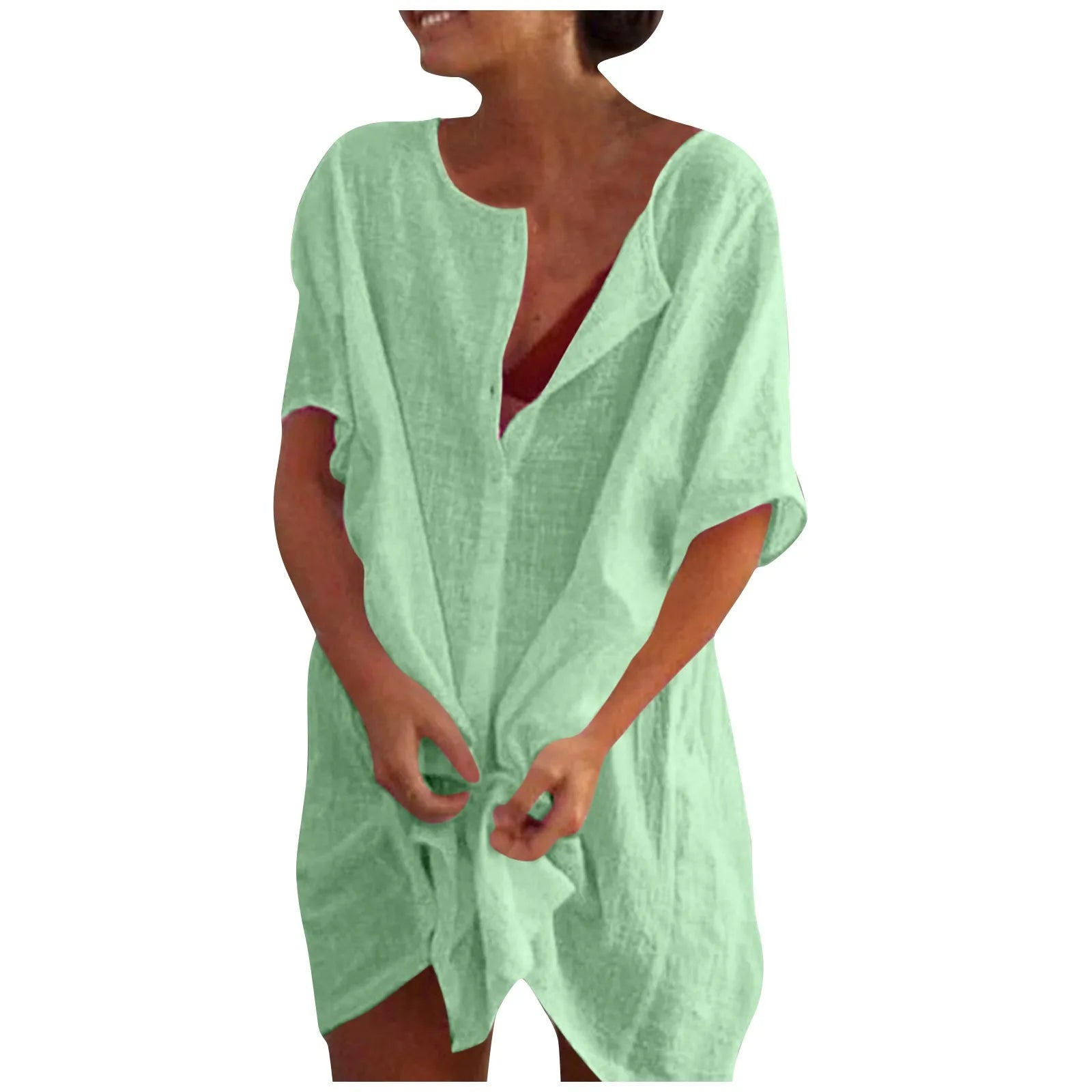 Cotton Linen Breathable And Comfortable Mid Length Oversized Button Down Half Sleeve O-neck Cardigan Casual Beach Suncreen Top
