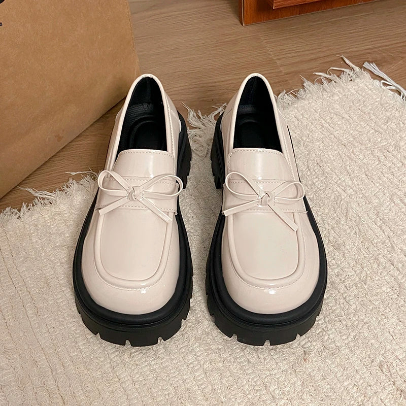 2025 Bowknot Decor Platform Loafers Women Fashion High Heel Jk Pu Leather Shoes Woman Korean Slip On Thick Sole Shoes Female