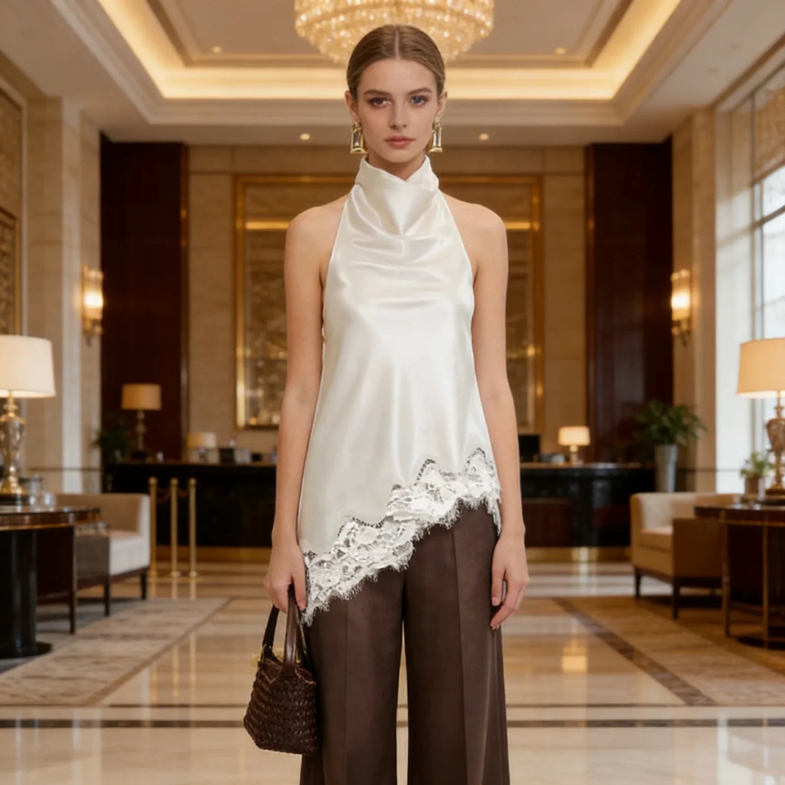 Women's Halter Sleeveless Satin Fabric Lace Trim Vest Elegant Chic Loose Fit Office Casual Daily Wear Party Fashion Tank Top