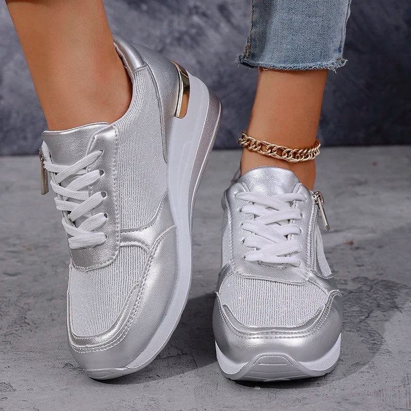 Fashion Thick Bottom Silver Sneakers Women 2025 Spring Wedge Heel Vulcanized Shoes Woman Comfortable Lace Up Sport Sneaker Mujer