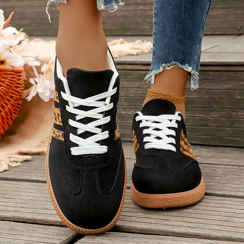 Plus Size 43 Leopard Print Flats Women Fashion Striped Lace Up Platform Sneakers Women Comfy Anti Slip Soft Sole Sport Shoes