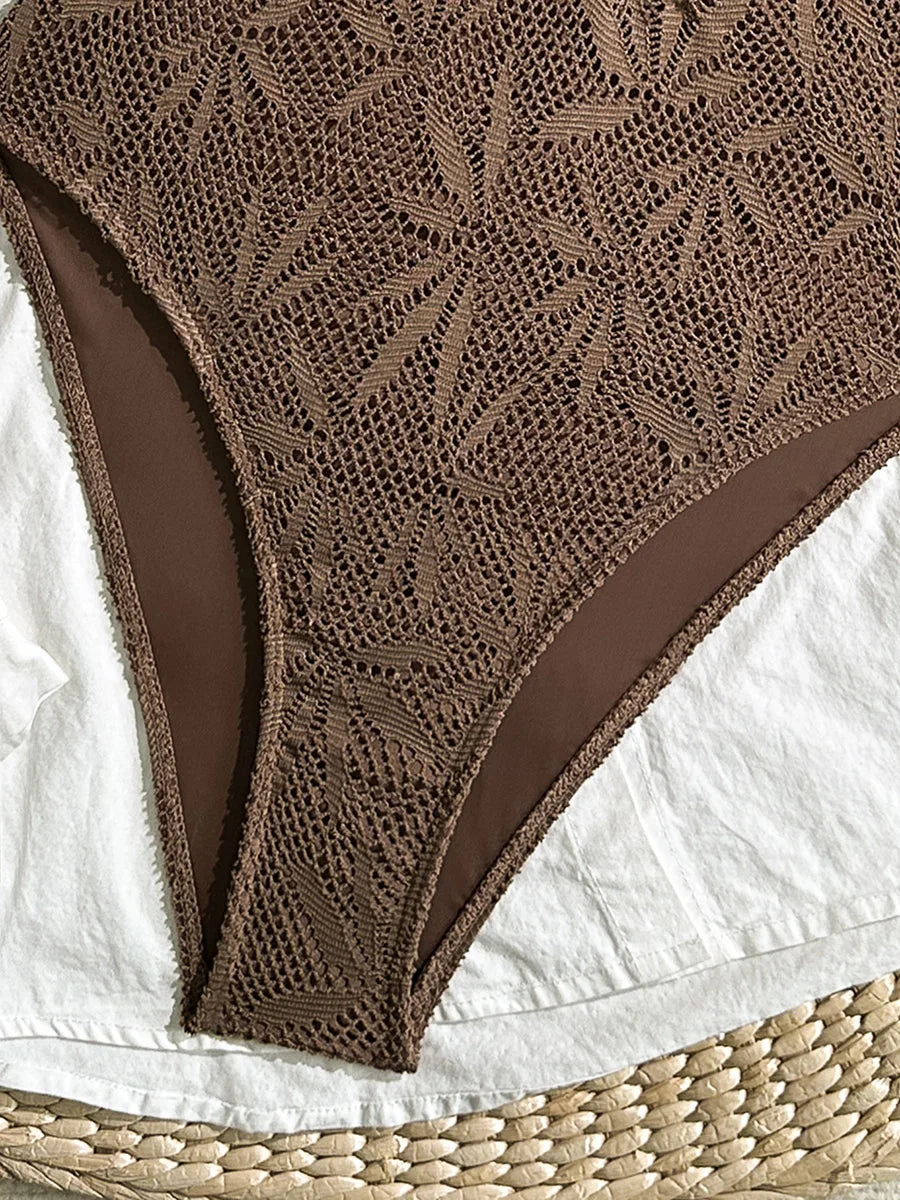Leaves Printed Mesh Hollow Out Women Swimwear One Piece Swimsuit Female Monokini High Leg Cut Bather Slim Bathing Suit Swim Lady