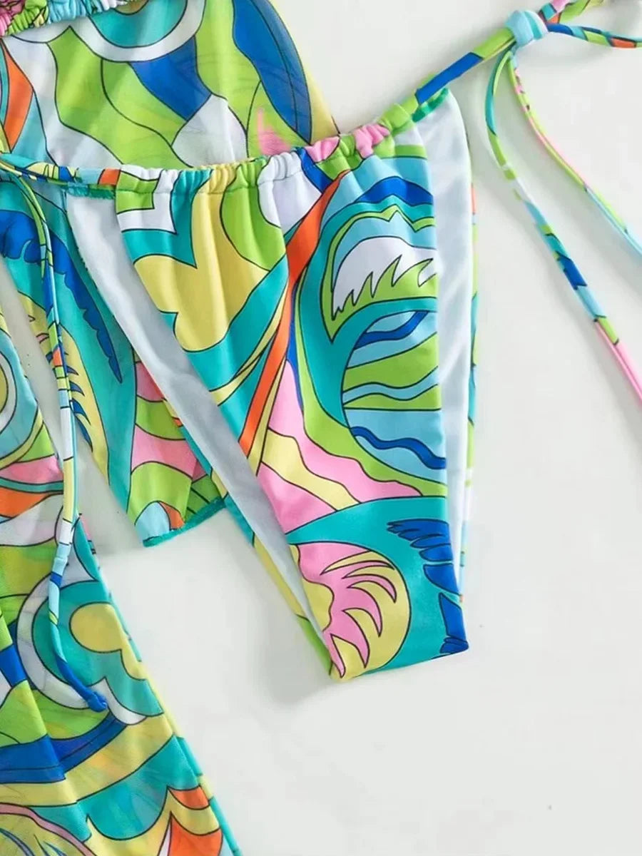 4 PCS Printed With Cover Up Hairband Bikini Female Swimsuit Women Swimwear Four-pieces Bikini set Bather Bathing Suit Swim Lady