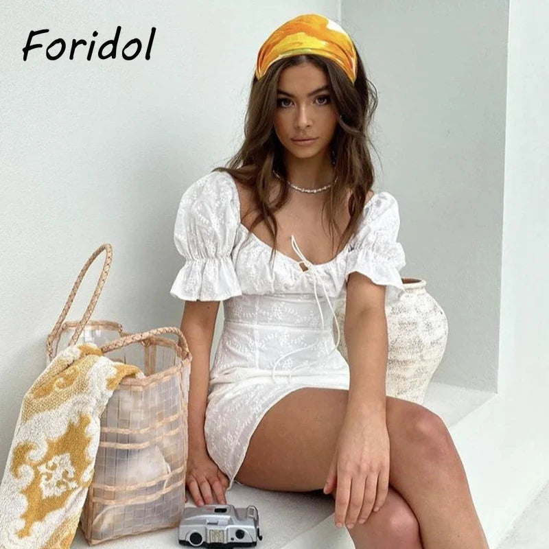 Foridol White Lace Summer Dress for Women Flower Embriodery Cotton Mini Dress Puff Sleeve Lace Up Ruffles Short Beach Dress
