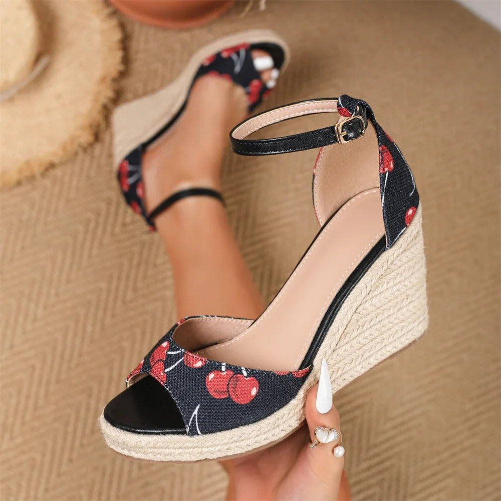 EUR Size 45 Leisure Espadrille Wedge Sandals Women Cherry Summer High Heels Shoes Beach Vacation Platform Ankle Strap Sandals
