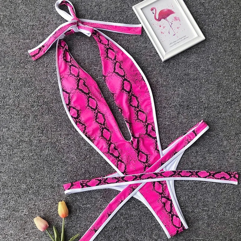 2025 Deep V Female Halter Swimwear One Piece Swimsuit Women Backless Monokini High Cut Wrap Around Bathing Suit Swim Bodysuit