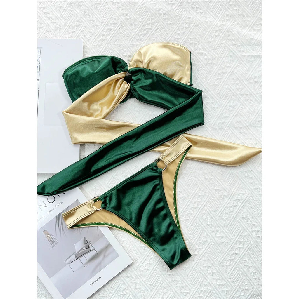 New Sexy Splicing Bandeau Strapless Bikini Women Swimwear Female Swimsuit Two-Pieces Bikini Set Bather Bathing Suit Swim V3859