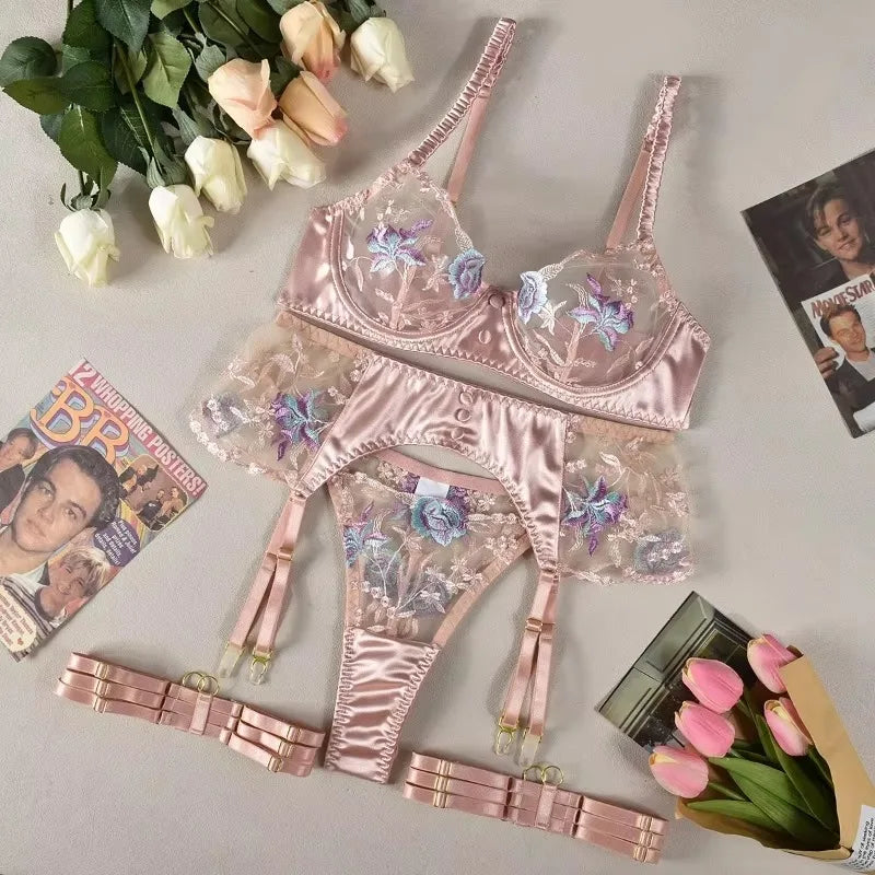 Toucheart 4-Piece Set Sexy Lingerie Set Embroidery Patchwork Mesh See-Through Exotic Underwear Women Garter Belt Underwear Suit