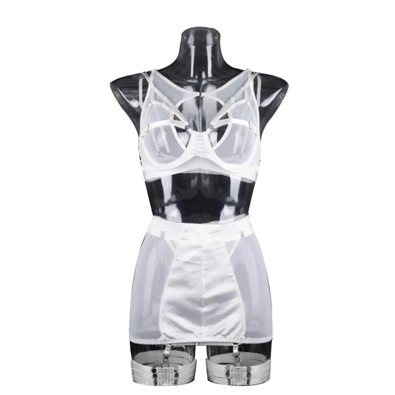 Toucheart 5-Pieces Erotic Lingerie Sexy Hip Skirt For Women Mesh Patchwork Hollow Out See-Through Lure Garters Underwear Suit