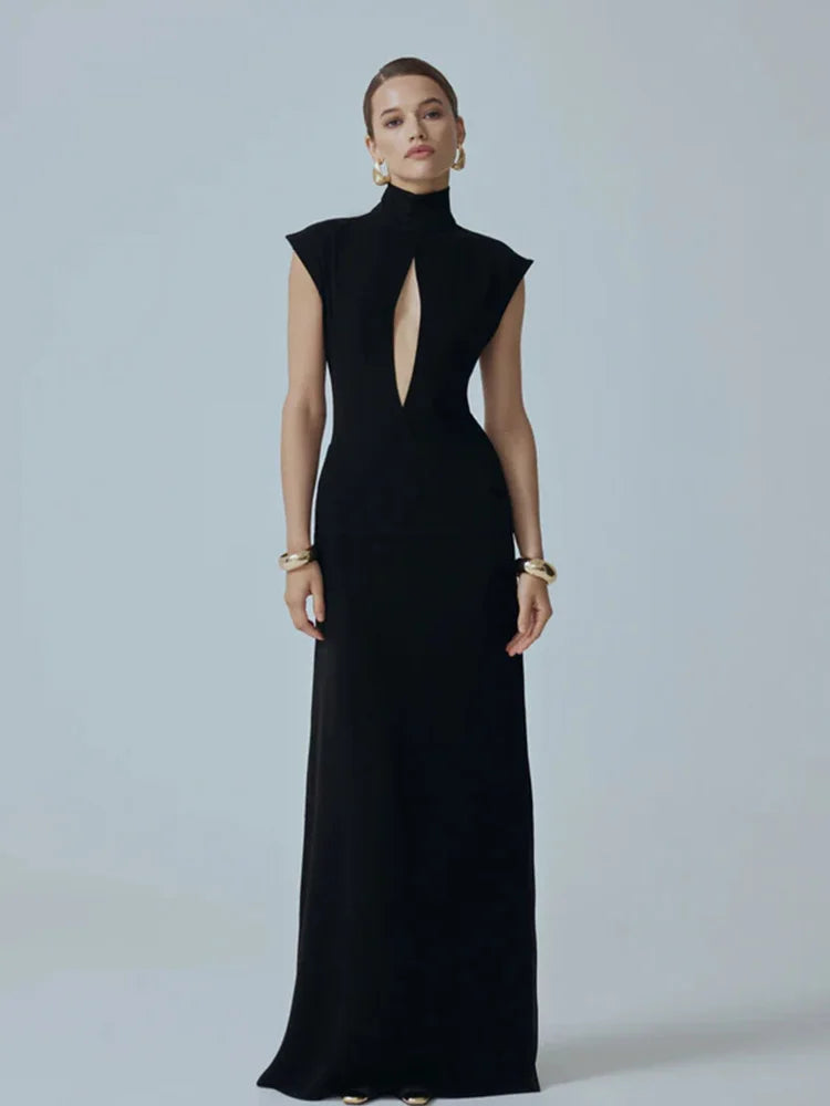 Ahagaga Fashion Sexy Women's Maxi Dresses Turtleneck Short Sleeves Hollow Out Lace Patchwork Sheath Split Party Solid Vestidos