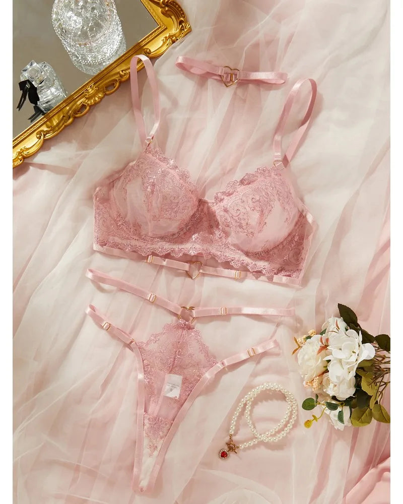 Toucheart Sexy Lingerie Comfortable Ultra-Thin Sexy Lace Printing Patchwork Mesh Semi-Transparent Push-Up Pink Underwear Set New