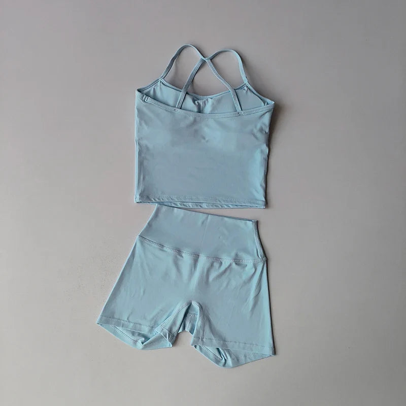 Women's Slim Shoulder Yoga Vest High Waisted Waist Hugging Naked Yoga Three Part Shorts Exercise Set Popular Fitness Clothing