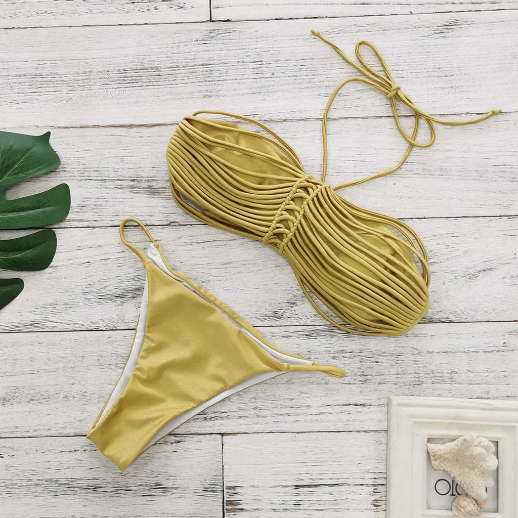 New Bandage Stripes Brazilian Bikini Swimwear Women's Swimsuit Two Piece Set Female Sexy Lace up Mujer Beachwear Summer