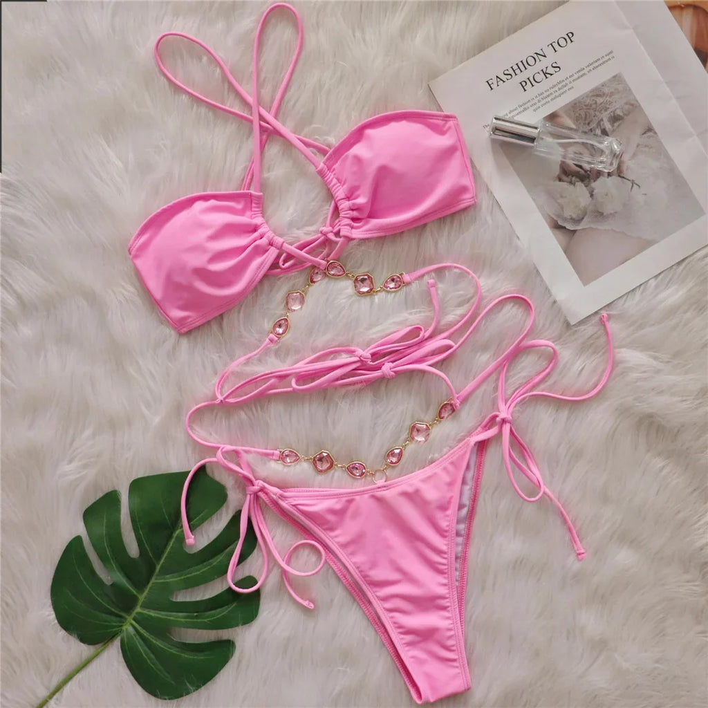 Sexy Diamond Rhinestones Wrap Around Bikini Female Swimsuit Women Swimwear Two-pieces Bikini Set Bather Bathing Suit Swim V5167