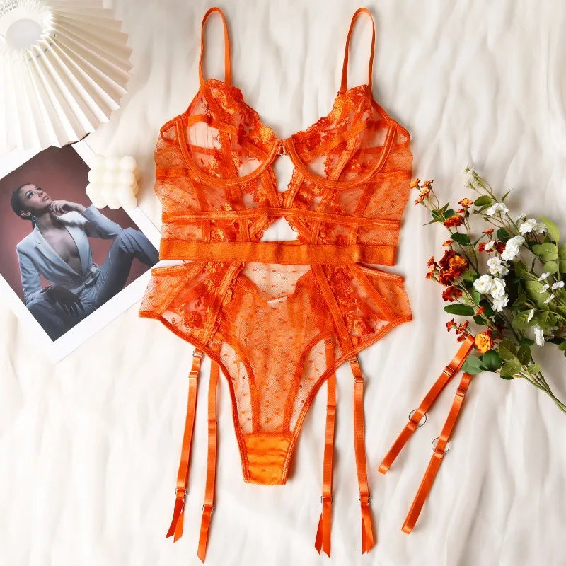 Toucheart Lace Sexy Skinny Babydoll Bodysuit Embroidery Erotic Private Adult Suit Solid Color Patchwork High Waisted Sexy Set