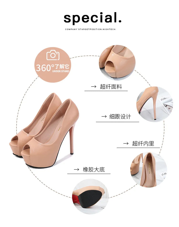 10/12/14cm Super High Heels Women Fashion Leather Shoes Spring Fall Peep Toe Platform Party Nude Black Office Dress Pumps Female