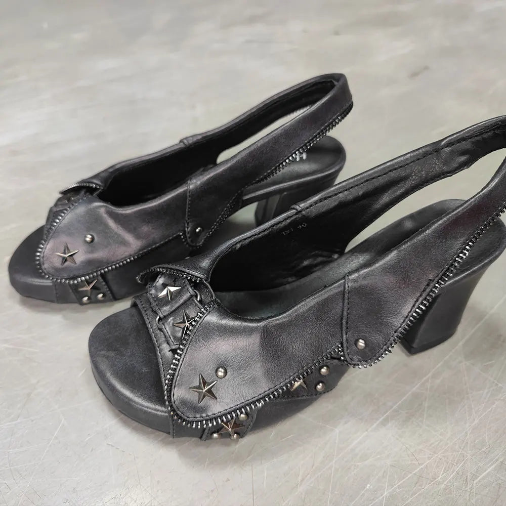 Brand New Women's Y2K Star Rivet Platform Sandals 2000's Peep Toe Slingback Chunky Heel Distressed Denim High Heeled Shoes