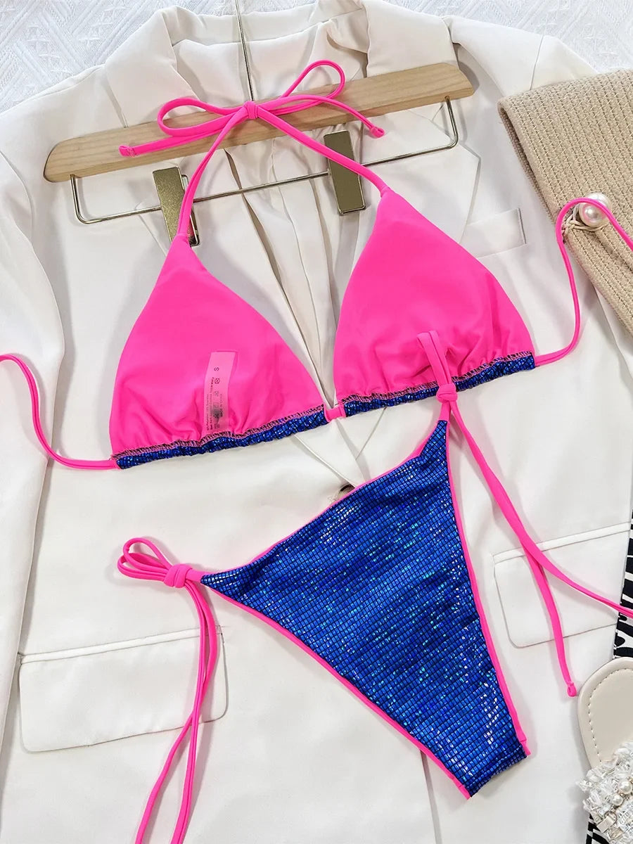 Zebra Print Halter micro Bikini 2025 women Bandeau String Swimsuit Female swimwear Neon Shiny bikini set Leopard Bathing Suit