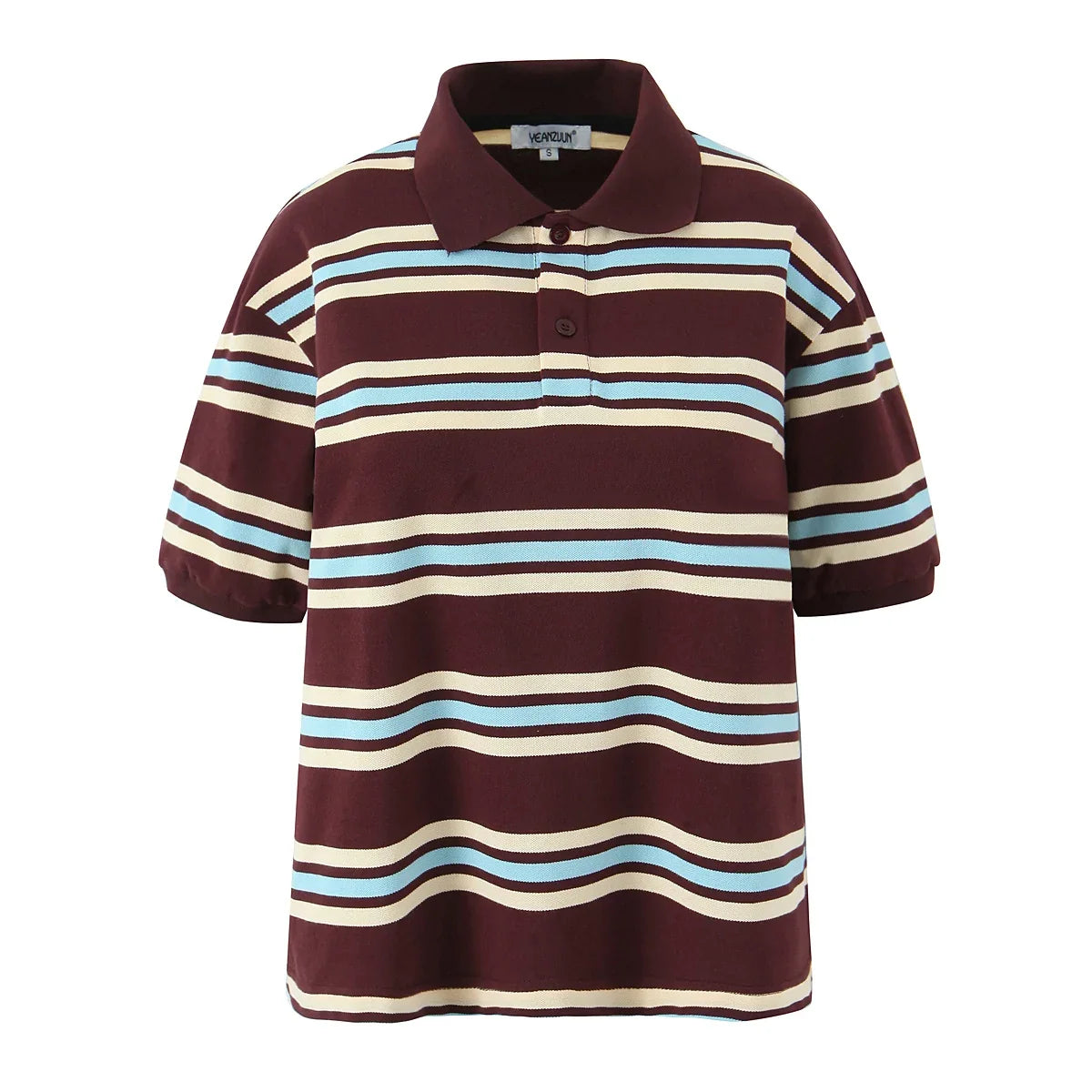 Foridol Burgundy Striped Casual Women T-shirt Summer Loose Polo Shirts Buttons New Female Tops Blouse White Tops Spring Shirt