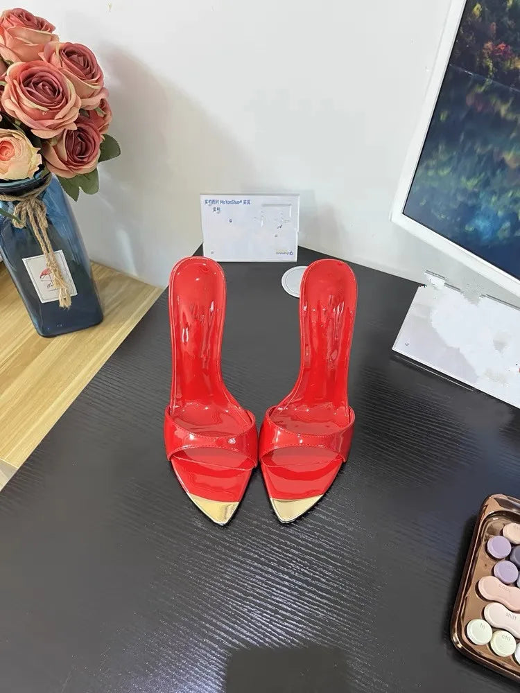 Black glossy  Female High Heels Open Toe Slides Trending Breathable Women Summer Outfit Casual Shoes12cm Sandals