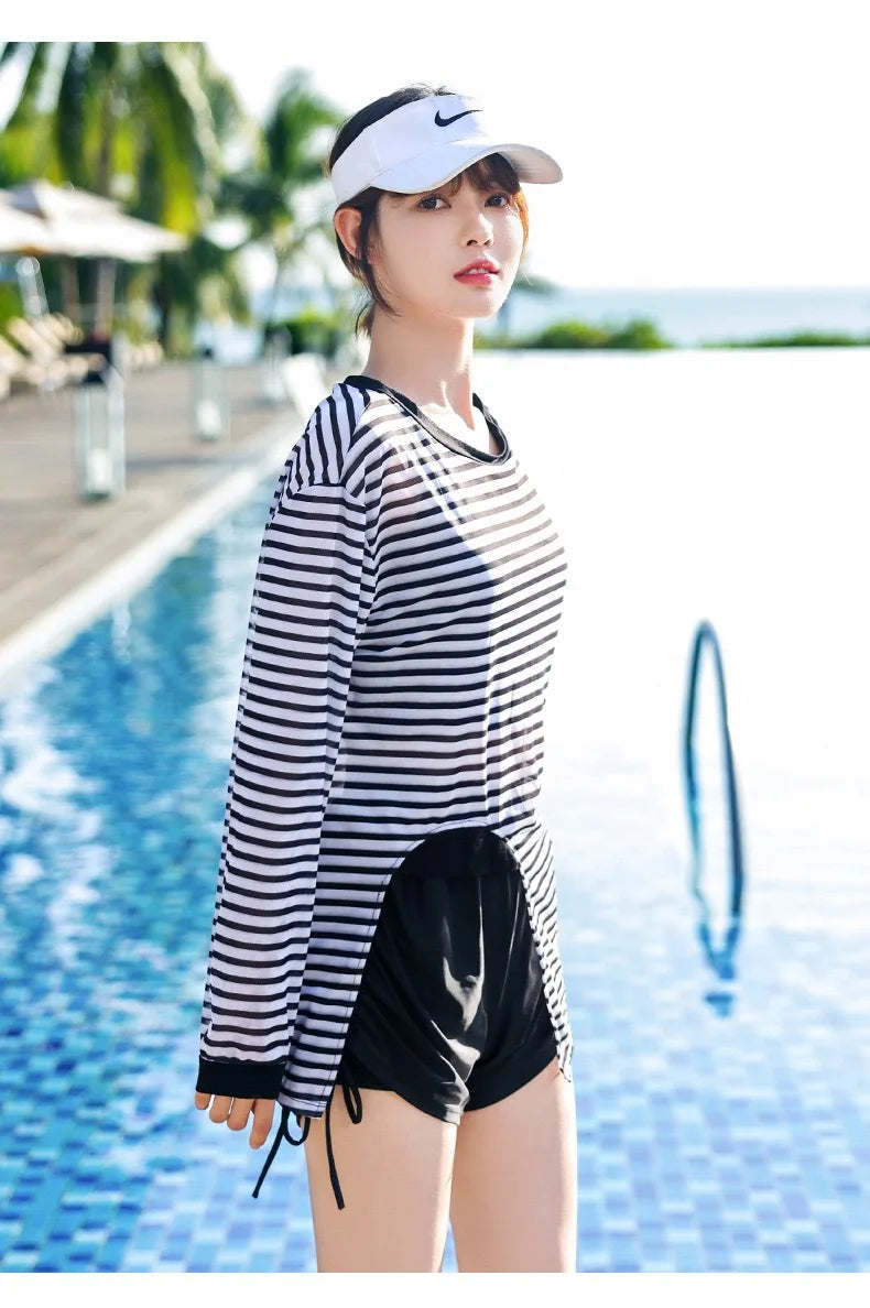Swimsuit Plus Size Girl Conservative Split Fashion Sports Sunscreen Long Sleeved Slimming Hot Spring Three Piece Set
