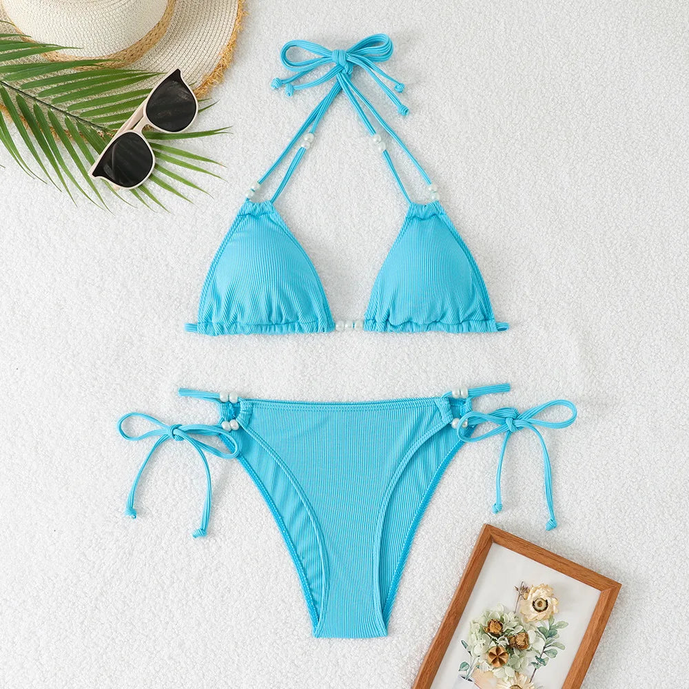 Sexy Orange Bikini 2025 Women Pearls Strap Push Up Drawstring Side Thong Swimsuit Luxury Lace Up Beach Bathing Suit Swimwear
