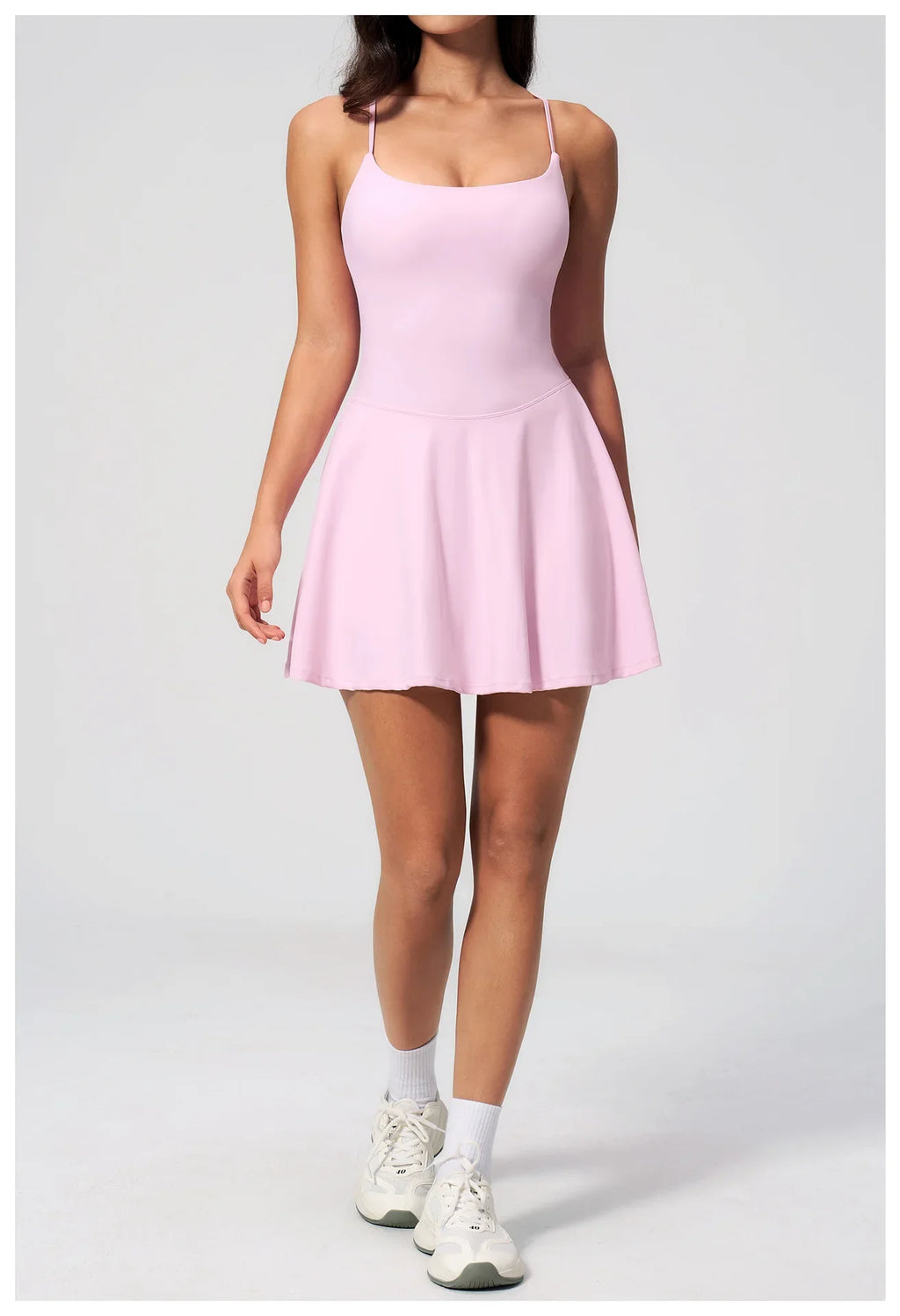 Women Tennis Dress with Shorts Pocket Square Neck Hollow Back Sleeveless One Piece Sports Outfit Fitness Pleate Mini Dresses