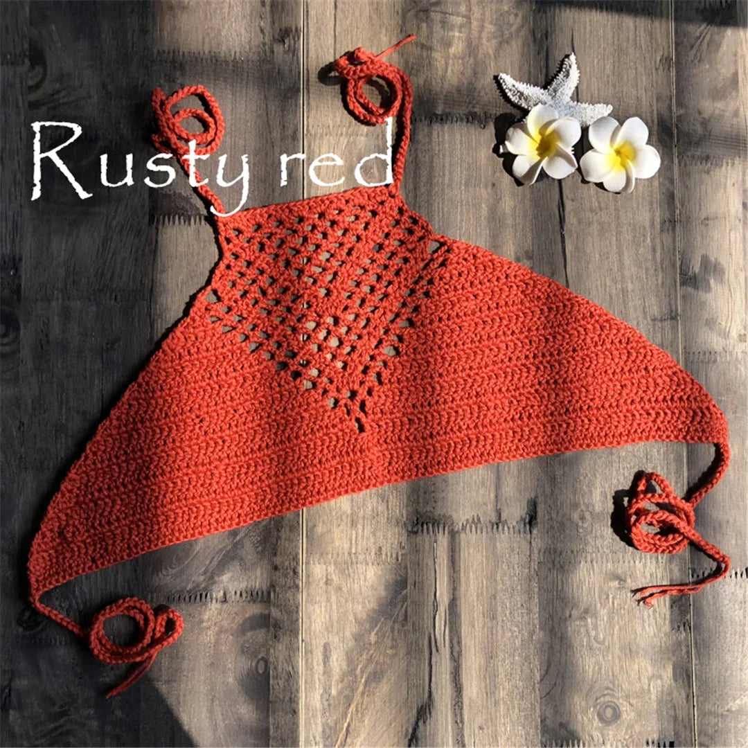 6 Colors Crochet Knitted Halter Bikini Top Female Swimsuit Women Swimwear Bather Bathing Suit Swim Hollow Out Beach Top V4192