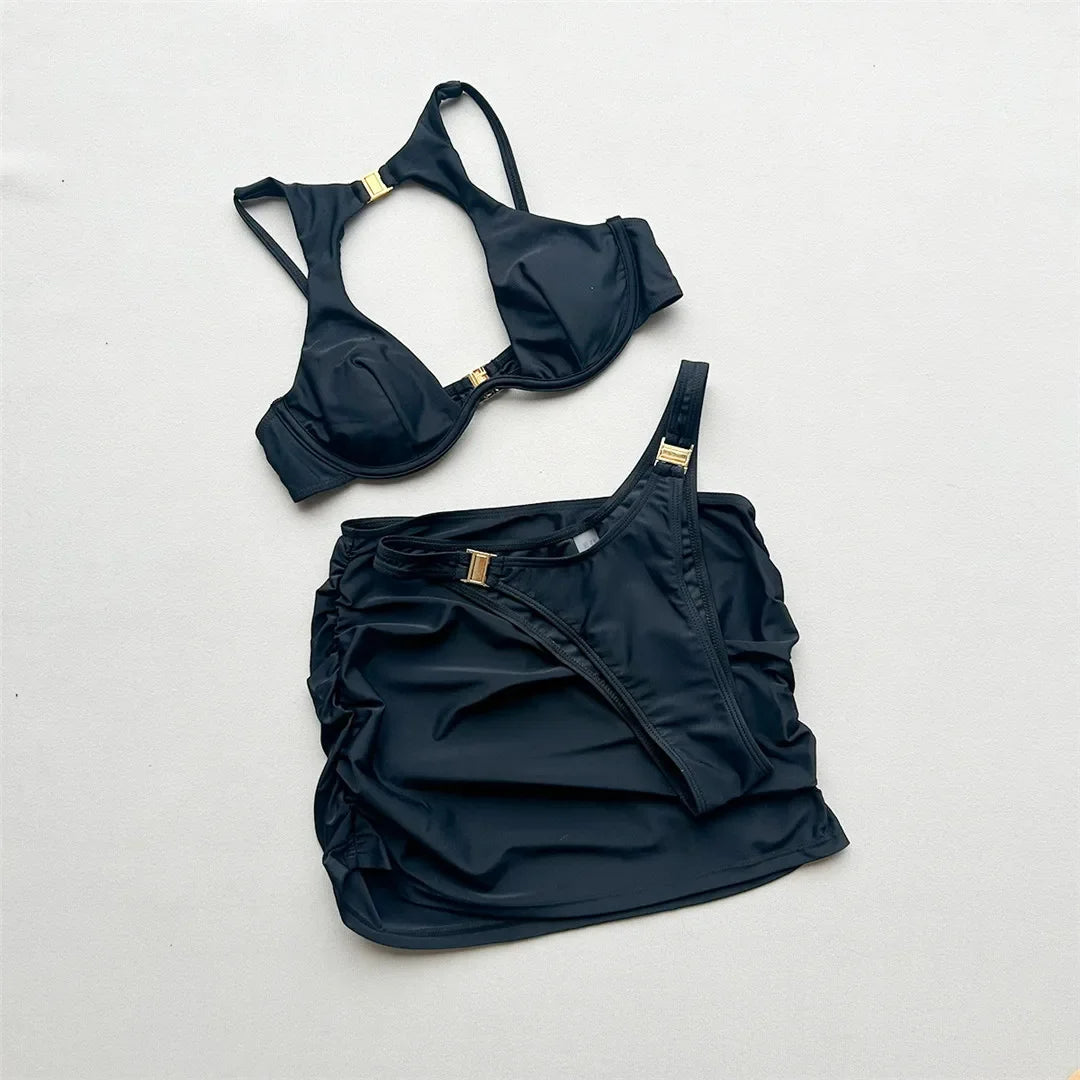 3PCS With Skirt Underwired Cut Out Bikini Women Swimwear Female Swimsuit Three-pieces Bikini Set Bather Bathing Suit Swim V7733