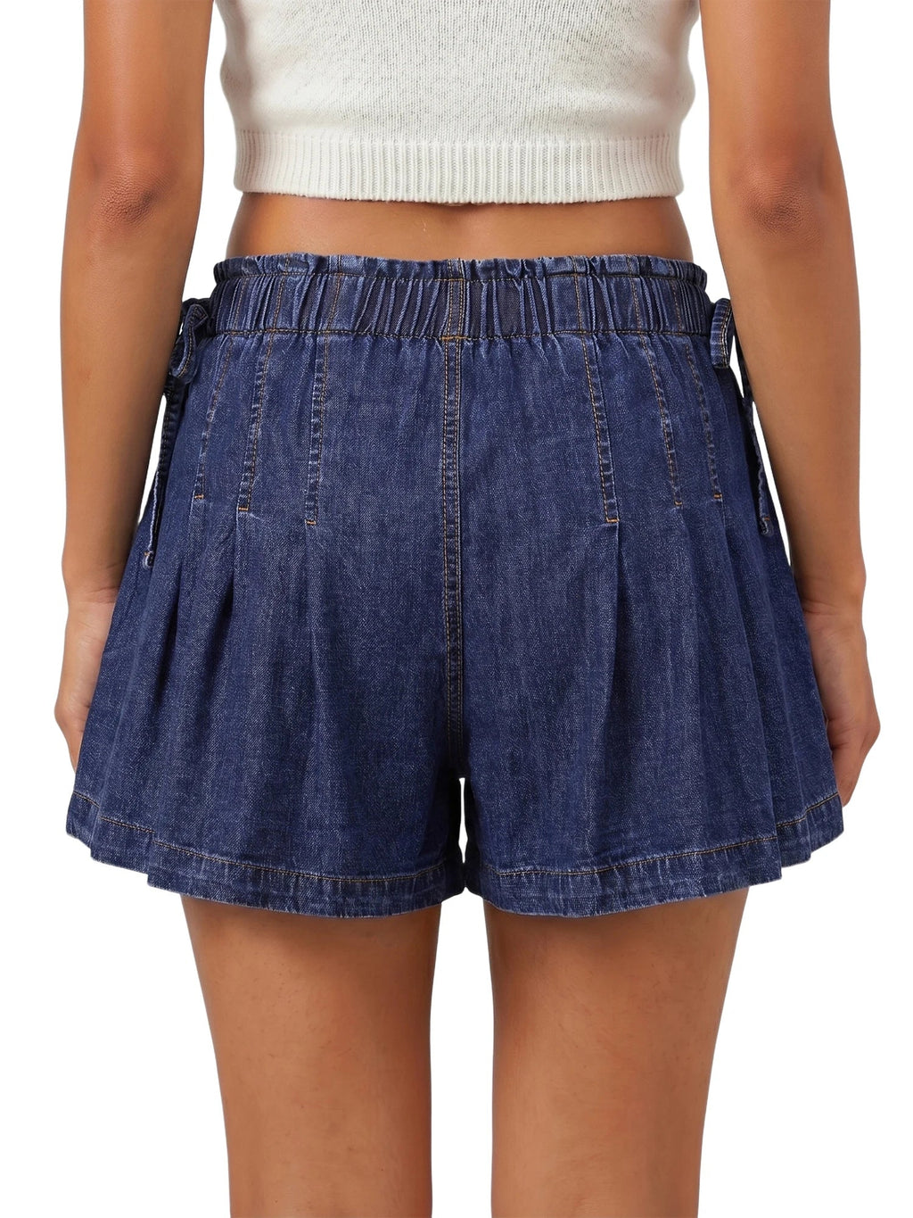 Womens Loose Fit Denim Shorts Drawstring Elastic Mid Rise Pleated Wide Leg Short Pants Casual Stylish Summer Skorts