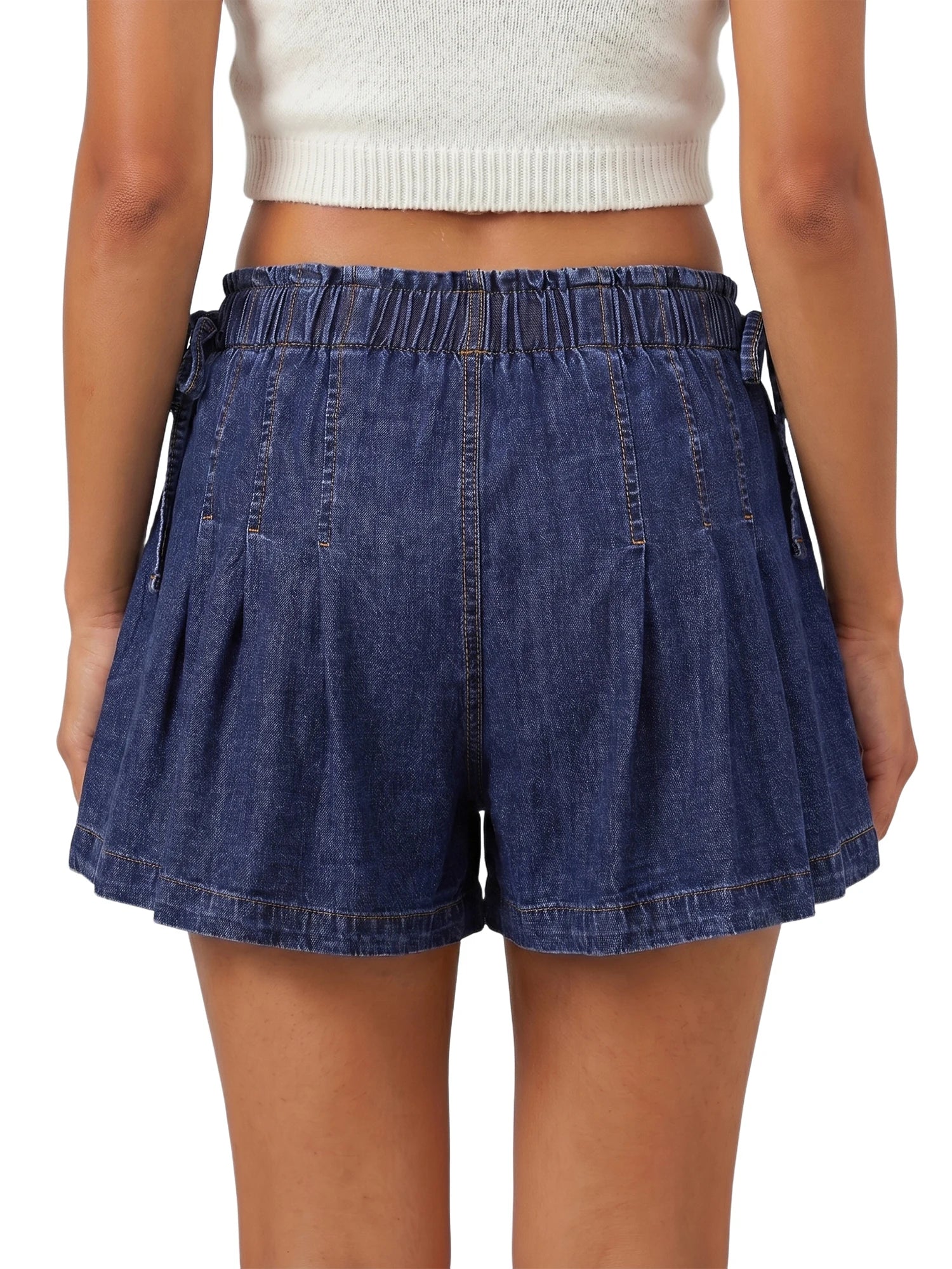 Womens Loose Fit Denim Shorts Drawstring Elastic Mid Rise Pleated Wide Leg Short Pants Casual Stylish Summer Skorts