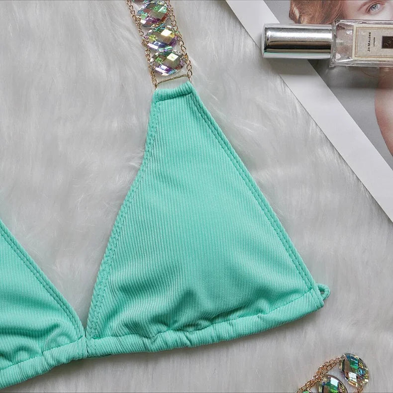 9 Colors Sexy Bikini Women Luxe Crystal Diamond Metal Chain Pit Striped Swimwear Swimsuit Bikinis Set Bathing Suit Beach Bikini