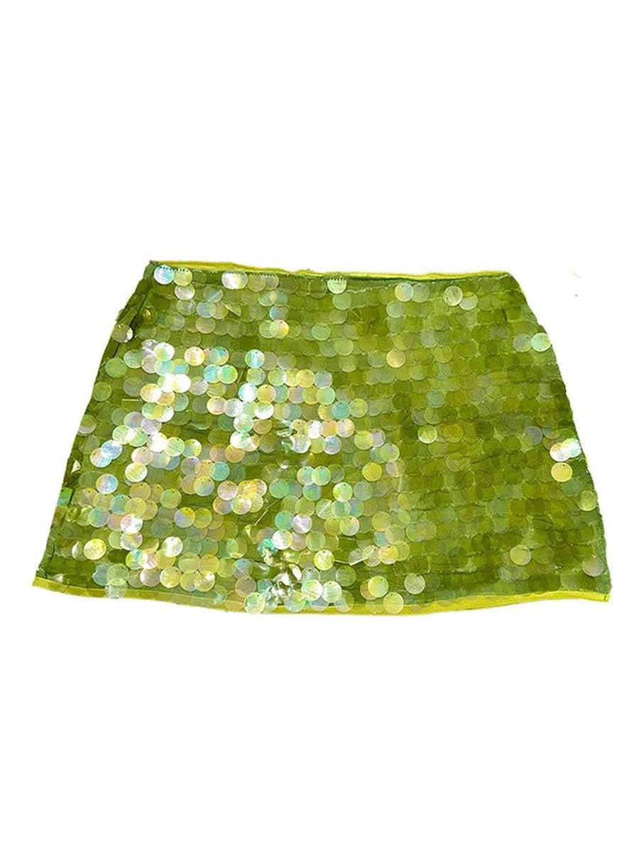Women's Summer Solid Color Mini Sequins Skirts High Waist Side Split Tie Up Skirt for Daily, Travel, Parties