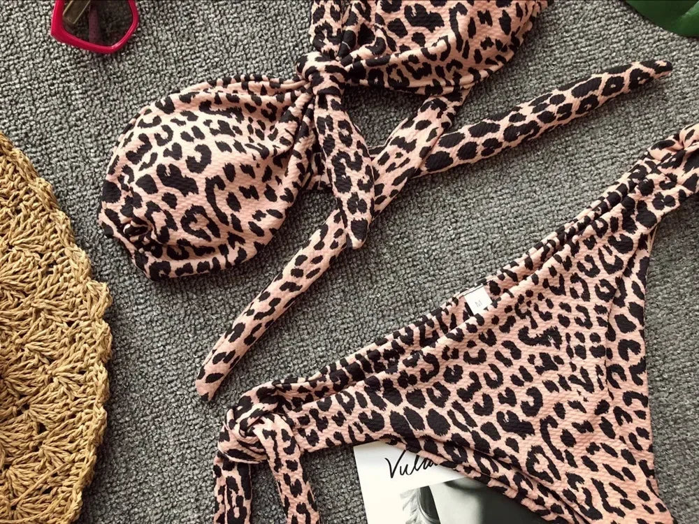 Ribbed Knotted Polka Dot Bikini 2025 Women Strapless Bandeau Swimsuit Female Swimwear Two Pieces Bikini Set Bathing Suit Swim